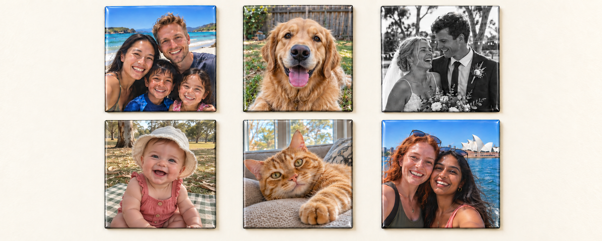 Custom photo magnets on a fridge wall — Pickle Press